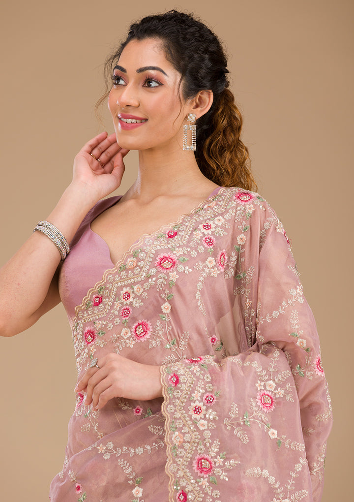 Lavender Threadwork Tissue Saree-Koskii