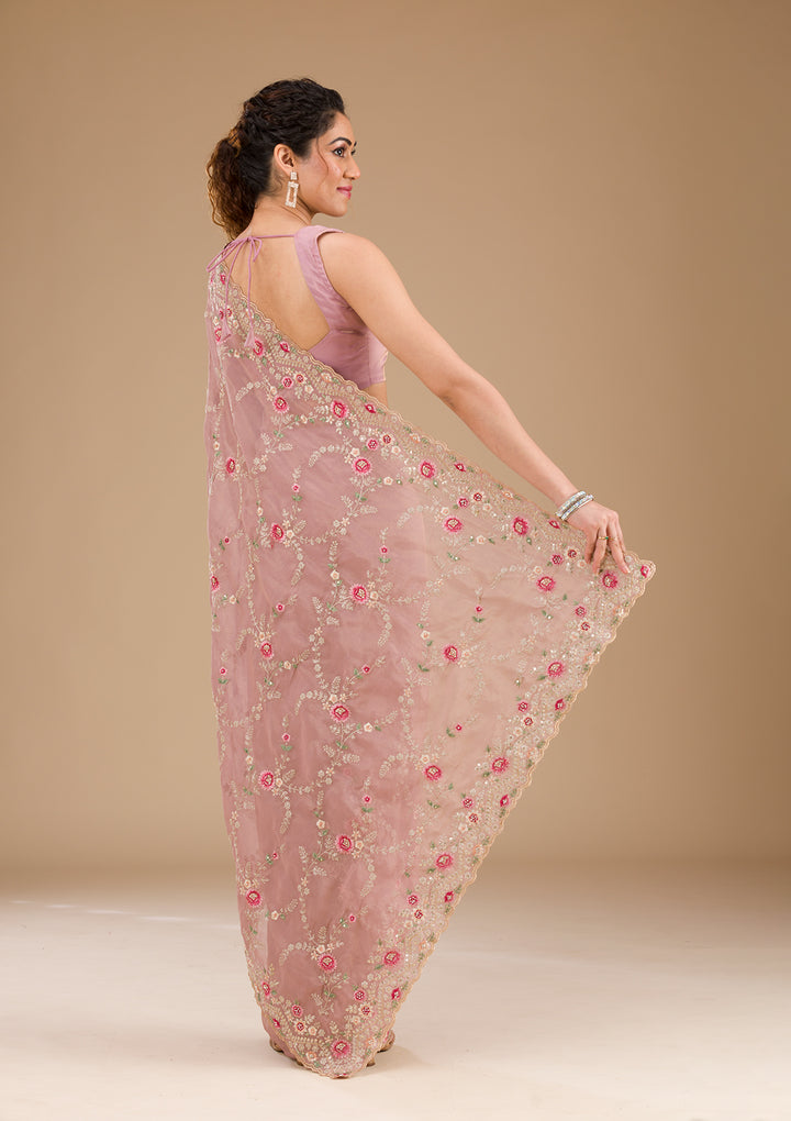 Lavender Threadwork Tissue Saree-Koskii