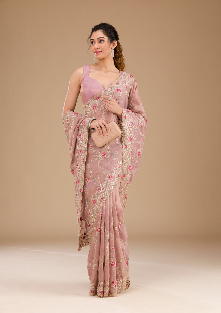 Lavender Threadwork Tissue Saree-Koskii