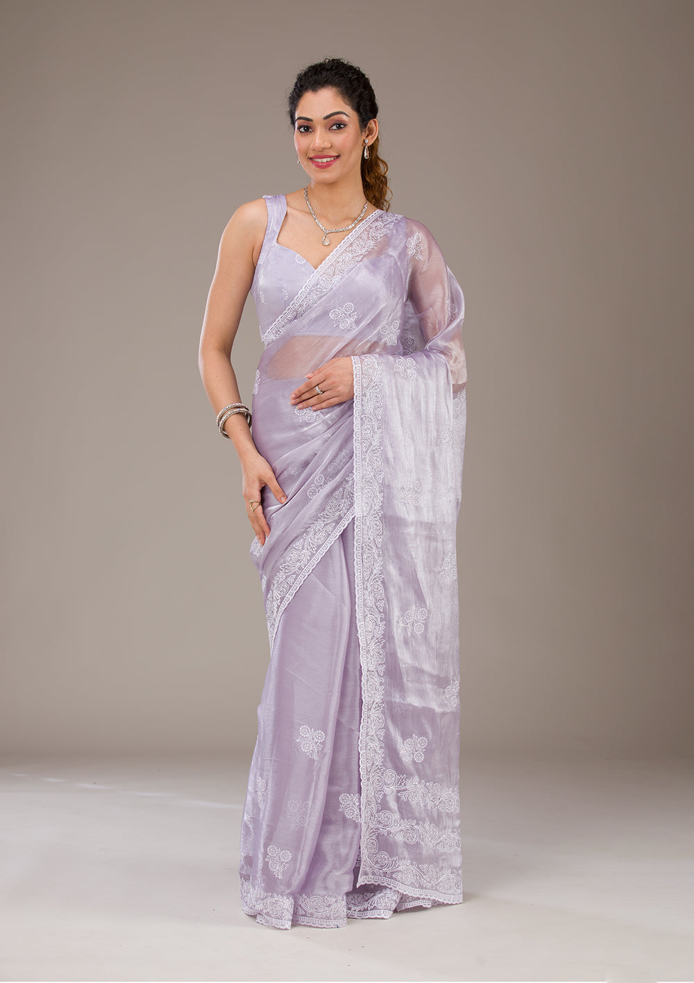 Lavender Threadwork Tissue Saree-Koskii