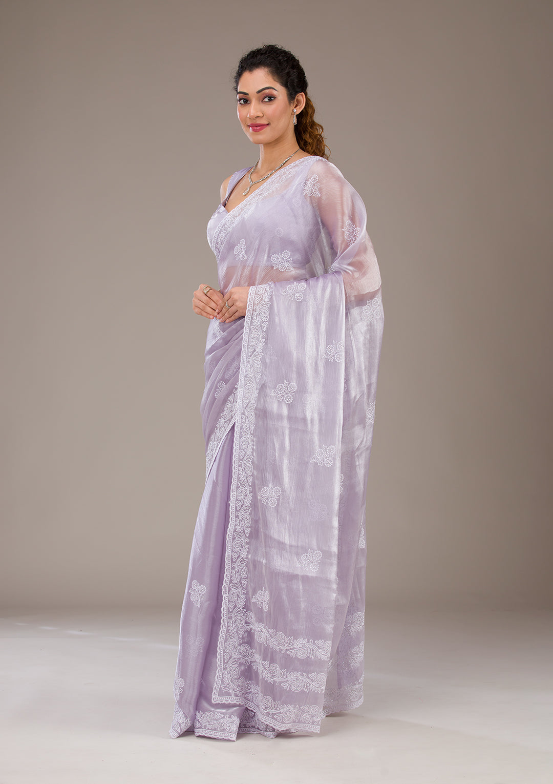 Lavender Threadwork Tissue Saree-Koskii