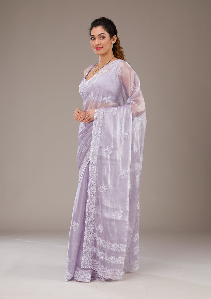 Lavender Threadwork Tissue Saree-Koskii