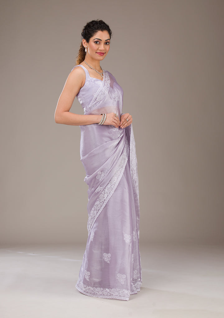Lavender Threadwork Tissue Saree-Koskii