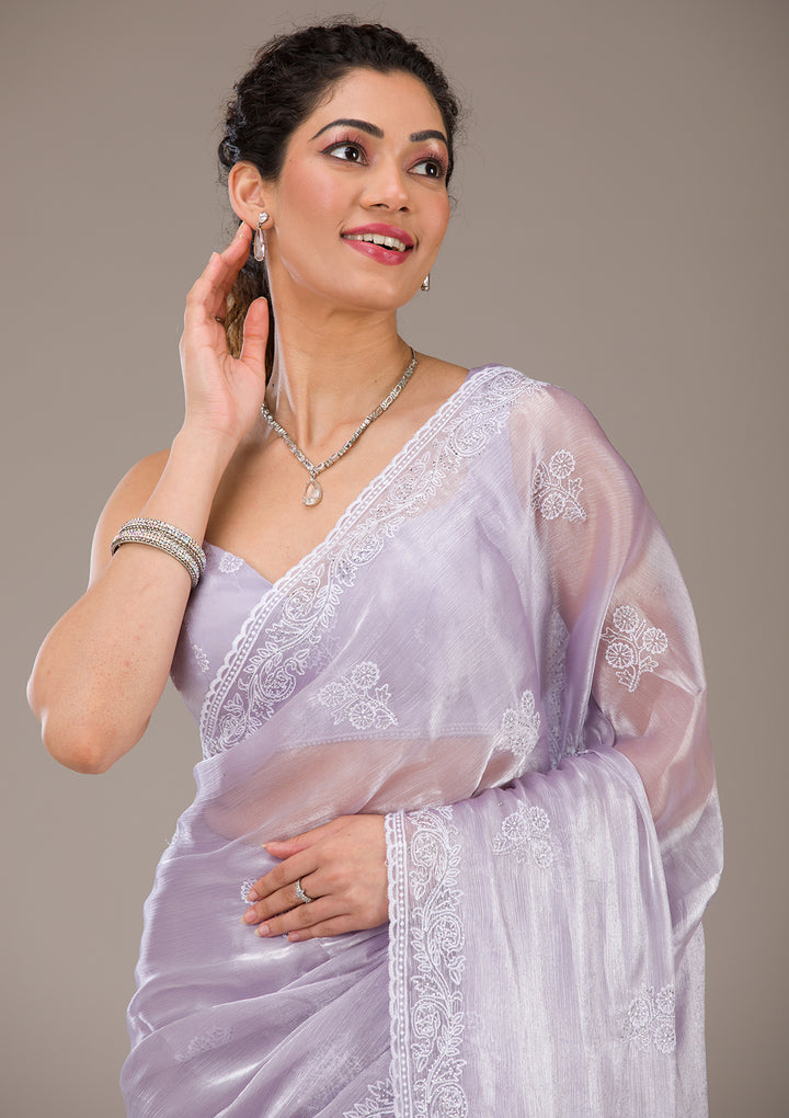 Lavender Threadwork Tissue Saree-Koskii