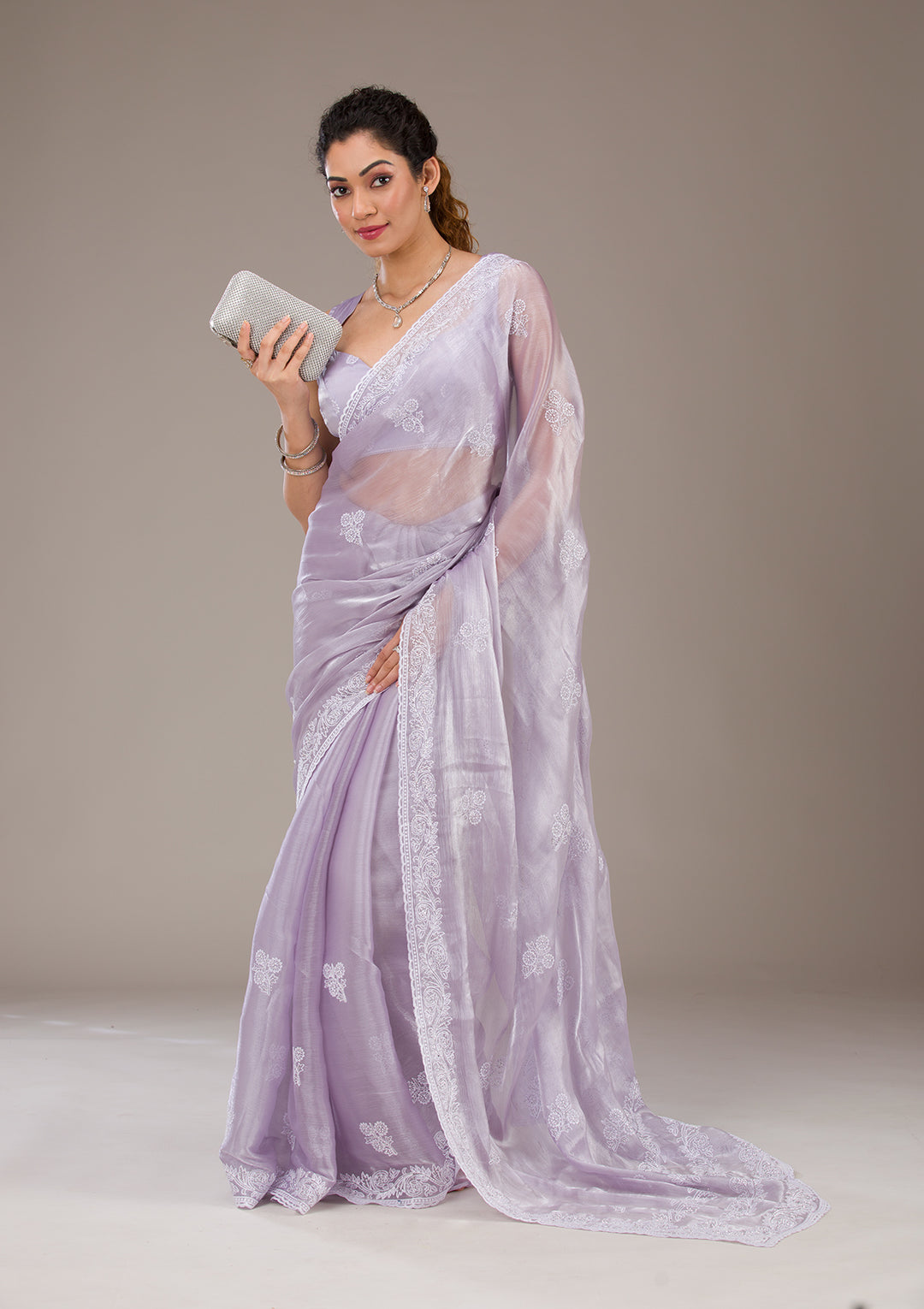 Lavender Threadwork Tissue Saree-Koskii