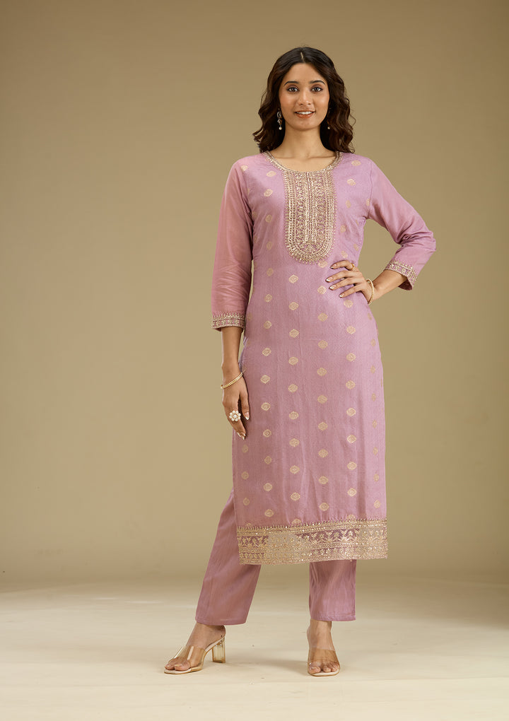 Lavender Zariwork Art Silk Readymade Salwar Suit