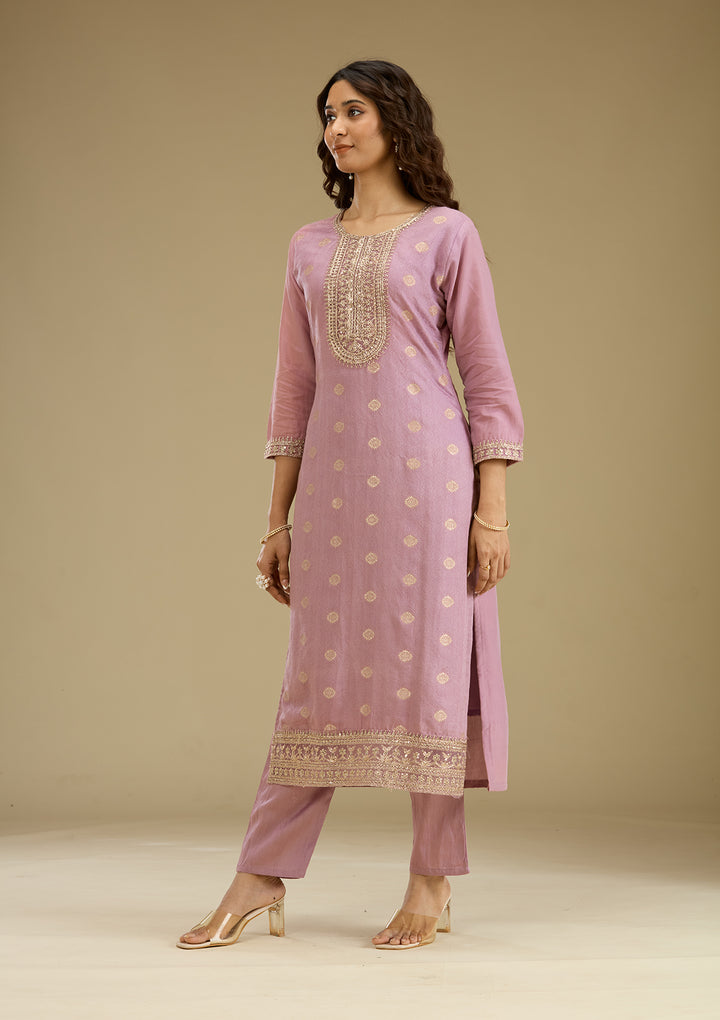 Lavender Zariwork Art Silk Readymade Salwar Suit