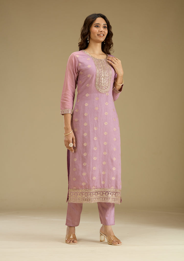 Lavender Zariwork Art Silk Readymade Salwar Suit