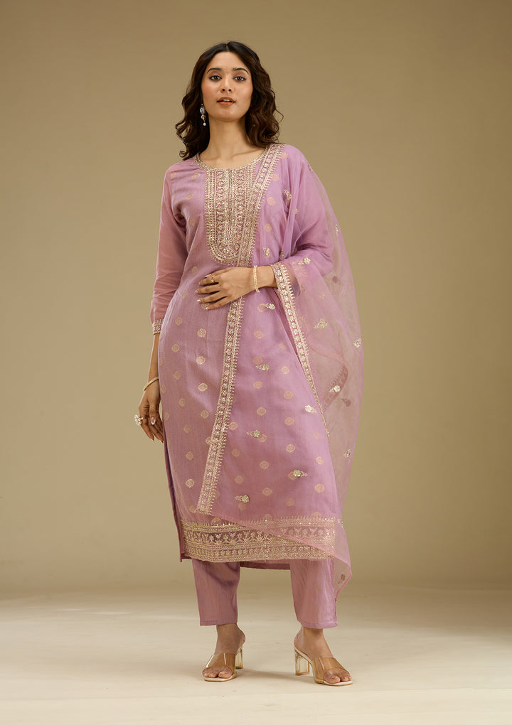 Lavender Zariwork Art Silk Readymade Salwar Suit