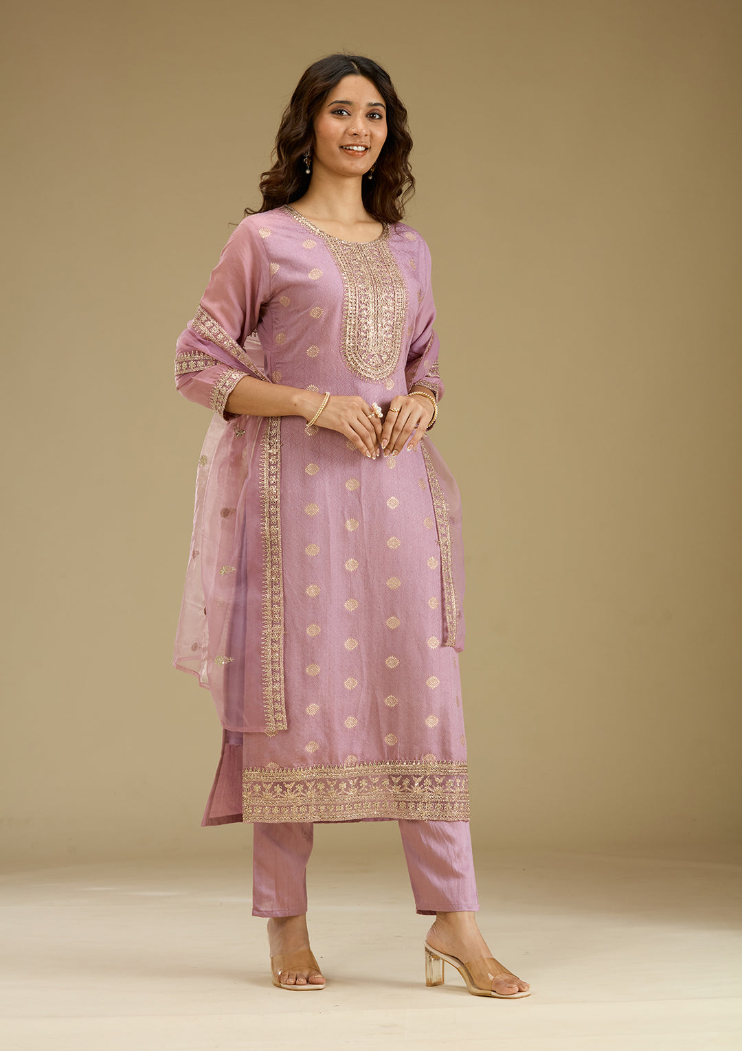 Lavender Zariwork Art Silk Readymade Salwar Suit