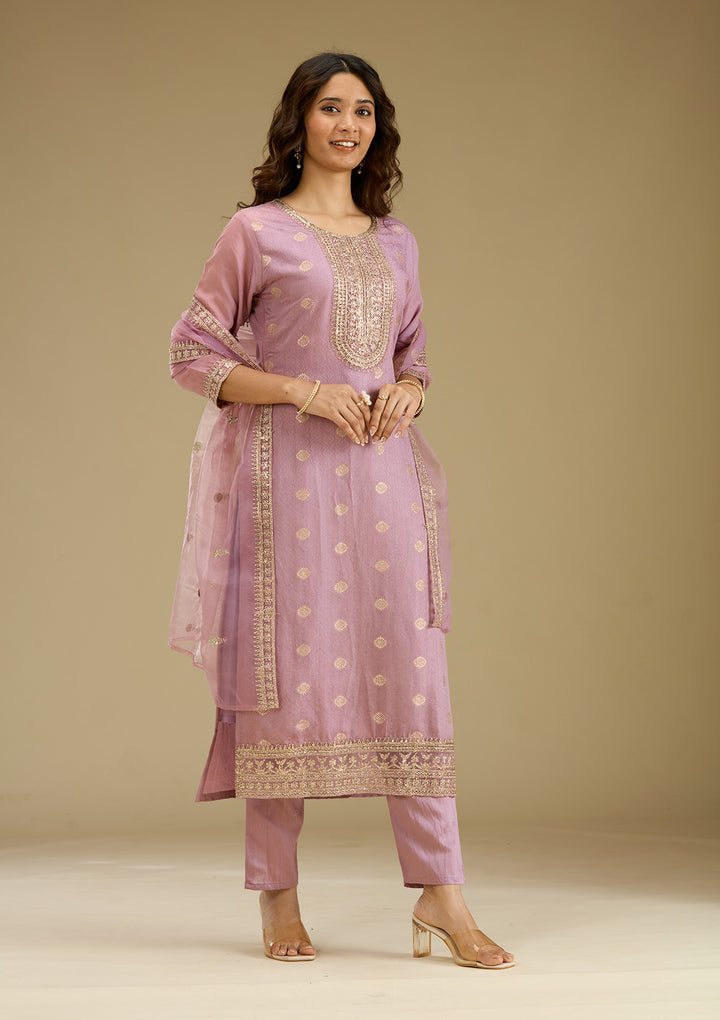 Lavender Zariwork Art Silk Readymade Salwar Suit