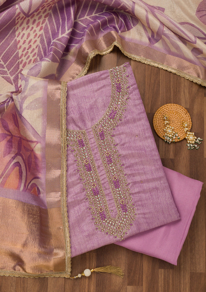 Lavender Zariwork Art Silk Unstitched Salwar Suit