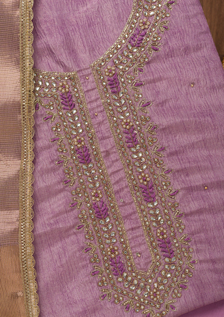 Lavender Zariwork Art Silk Unstitched Salwar Suit