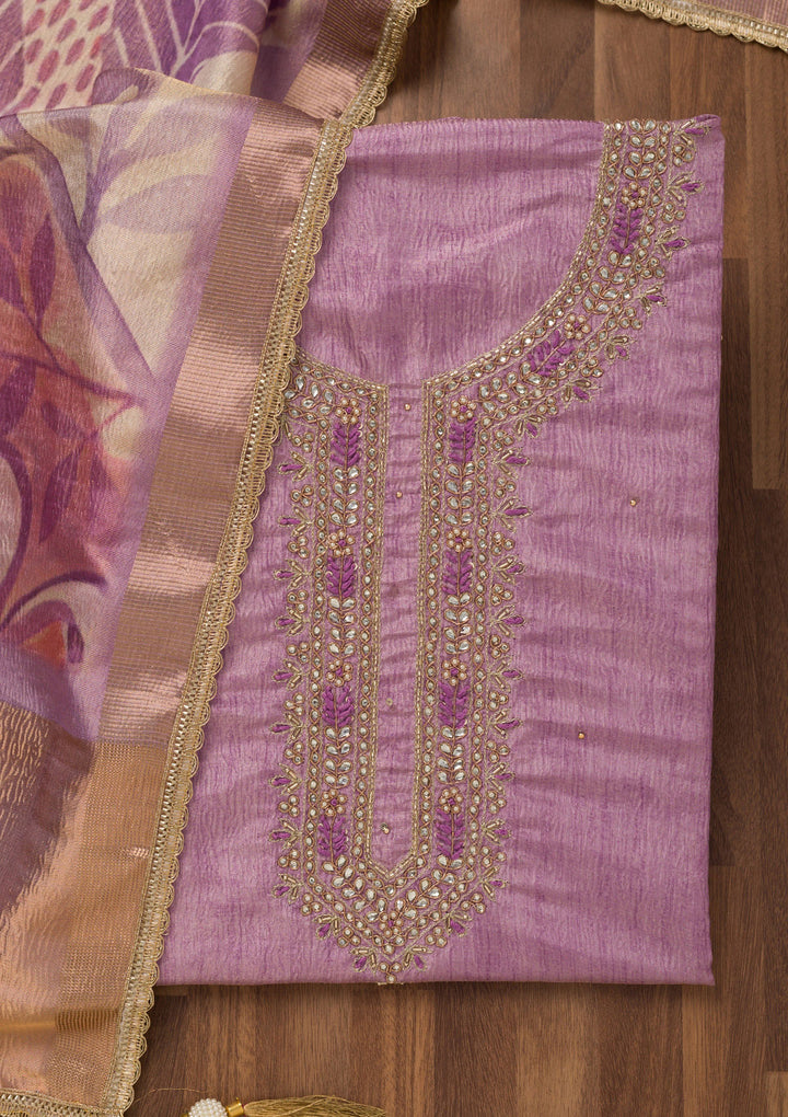 Lavender Zariwork Art Silk Unstitched Salwar Suit