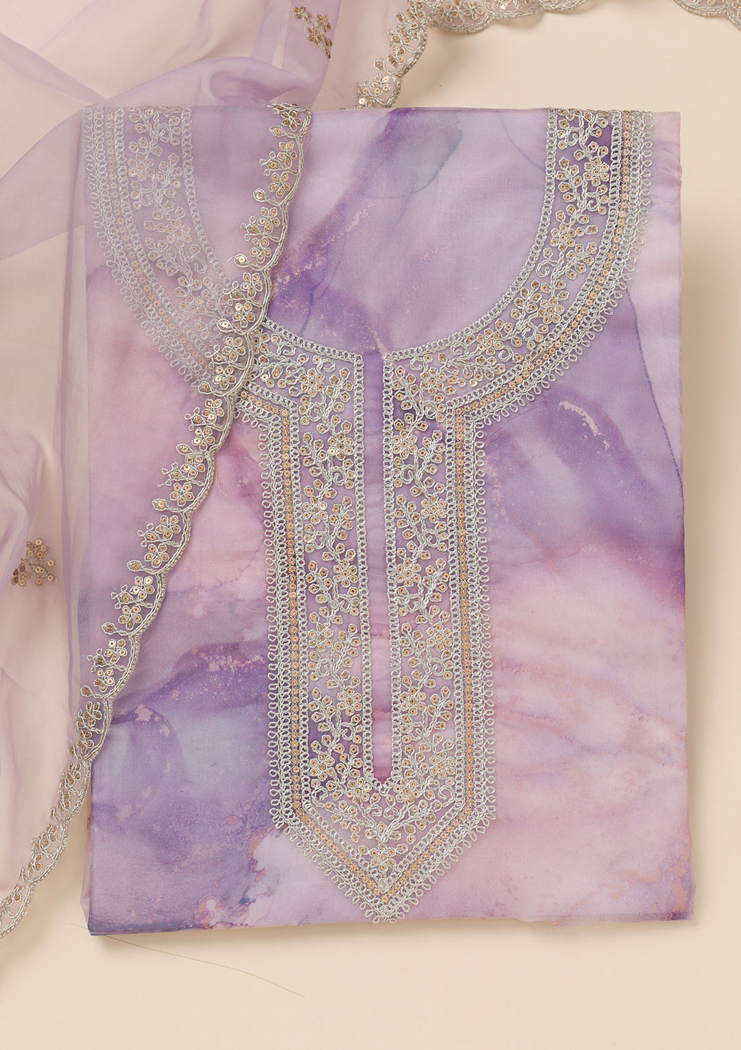 Lavender Zariwork Organza Unstitched Salwar Suit