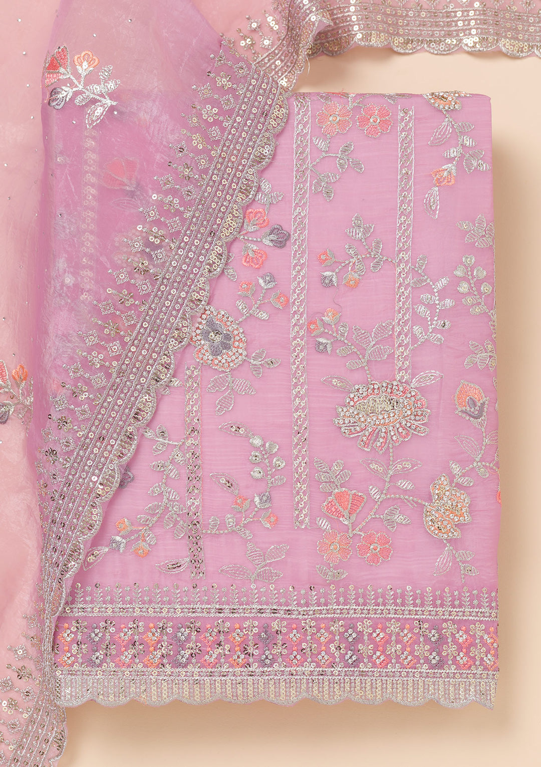 Lavender Zariwork Organza Unstitched Salwar Suit