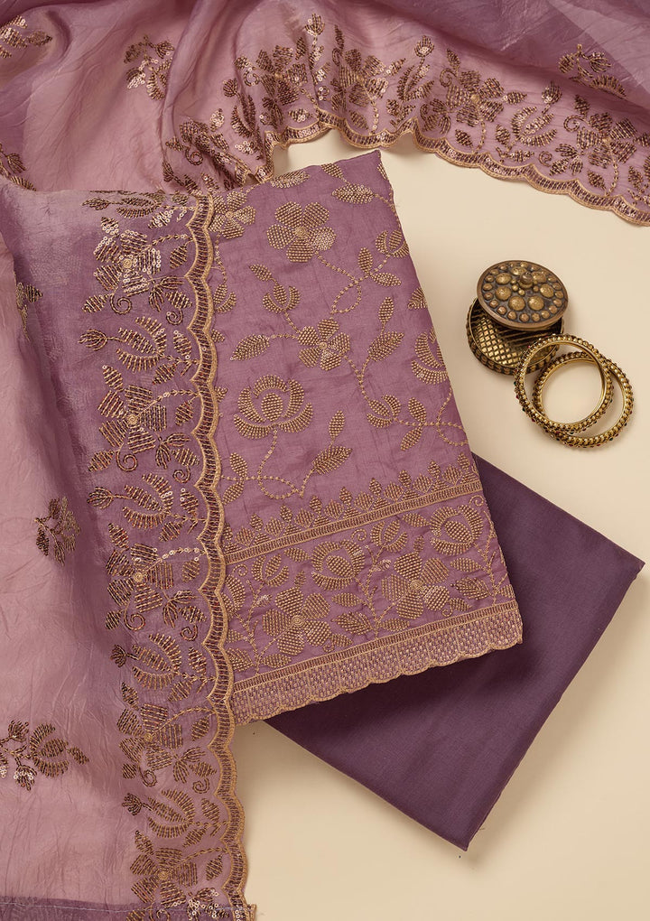 Lavender Zariwork Raw Silk Unstitched Salwar Suit