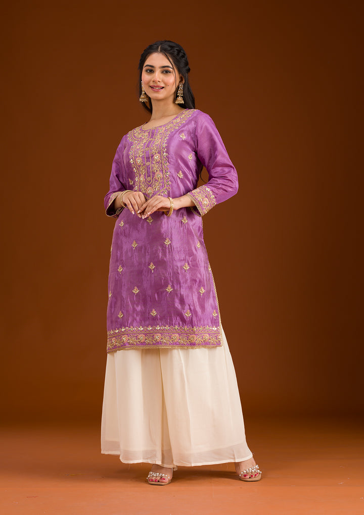 Lavender Zariwork Semi Crepe Readymade Salwar Suit