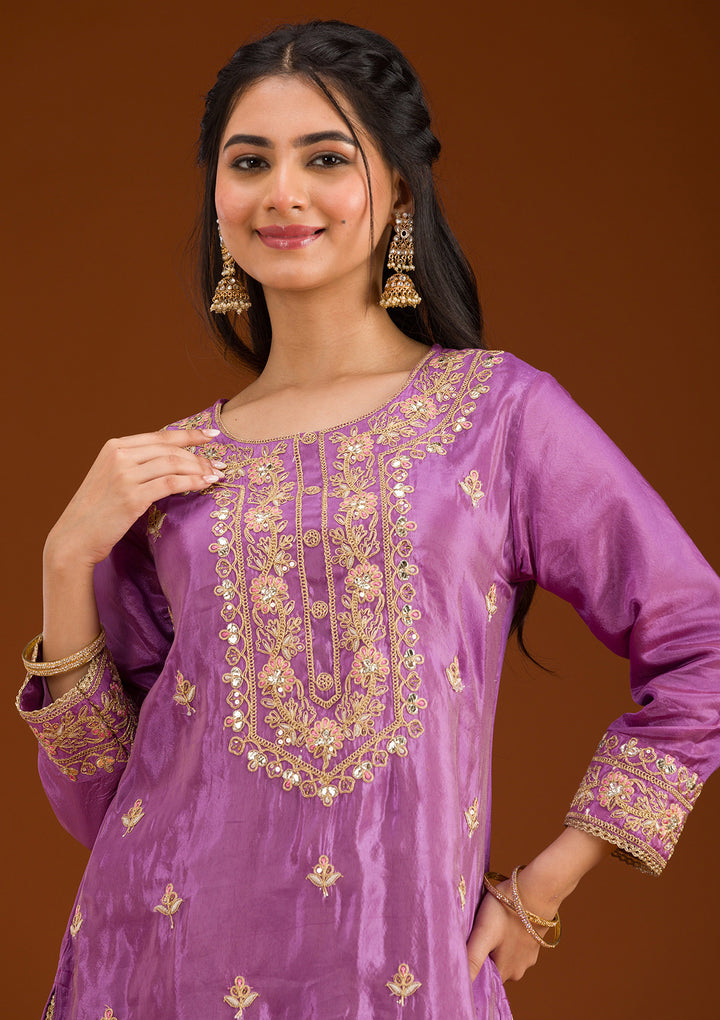 Lavender Zariwork Semi Crepe Readymade Salwar Suit