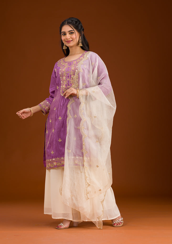 Lavender Zariwork Semi Crepe Readymade Salwar Suit