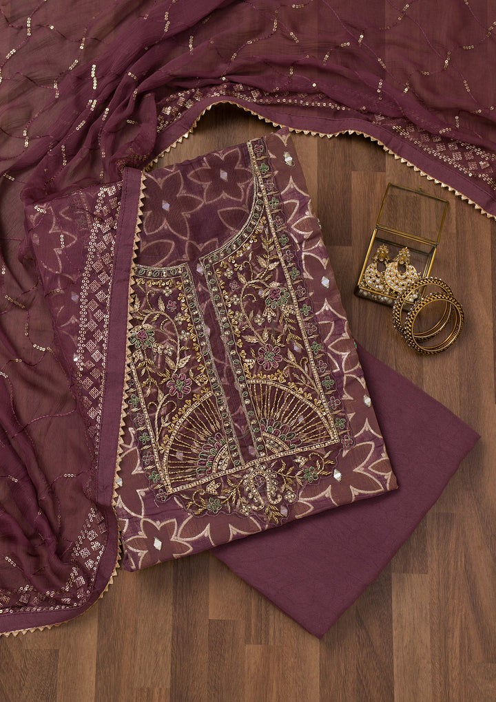 Lavender Zariwork Semi Crepe Unstitched Salwar Suit