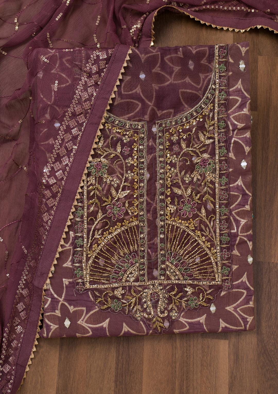 Lavender Zariwork Semi Crepe Unstitched Salwar Suit