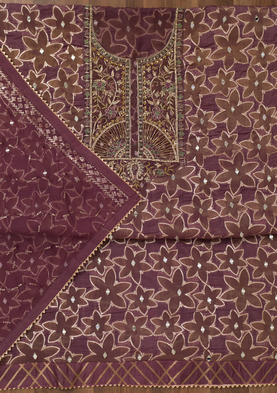Lavender Zariwork Semi Crepe Unstitched Salwar Suit