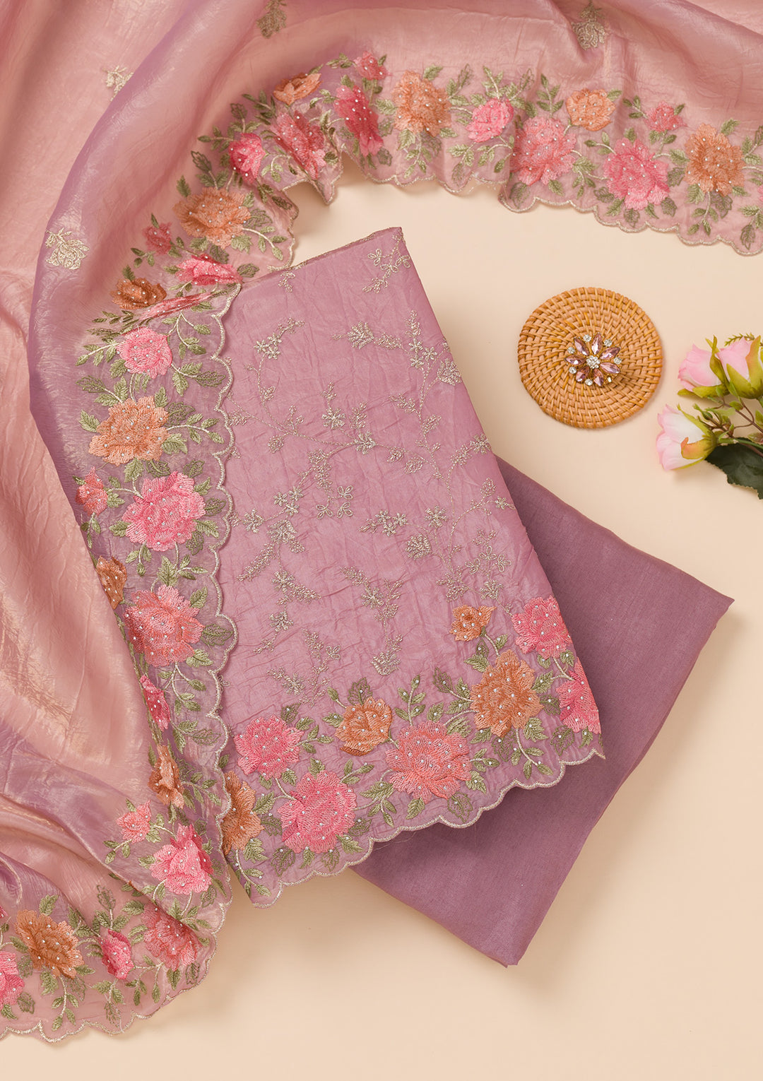 Lavender Zariwork Semi Crepe Unstitched Salwar Suit