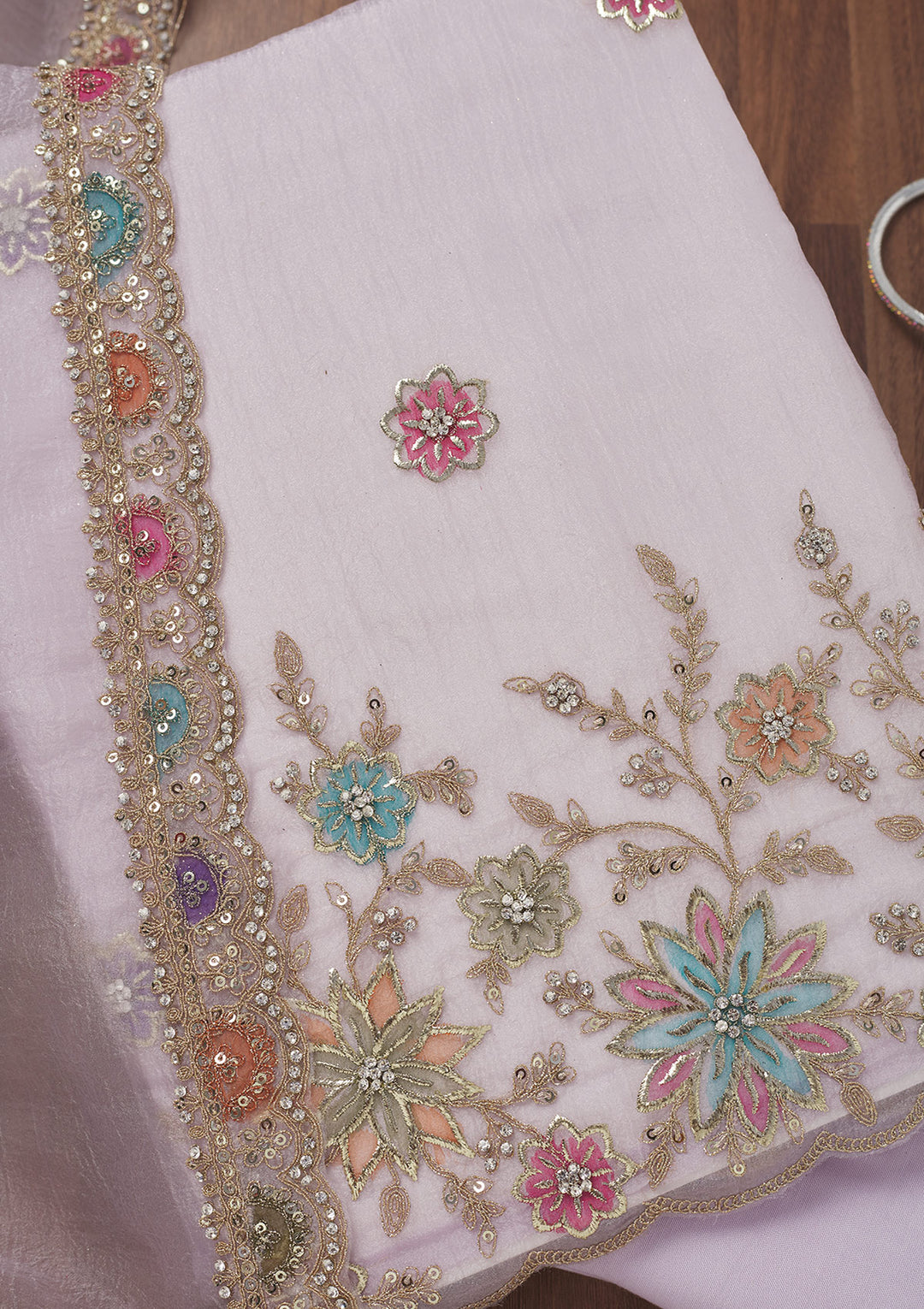 Lavender Zariwork Semi Crepe Unstitched Salwar Suit
