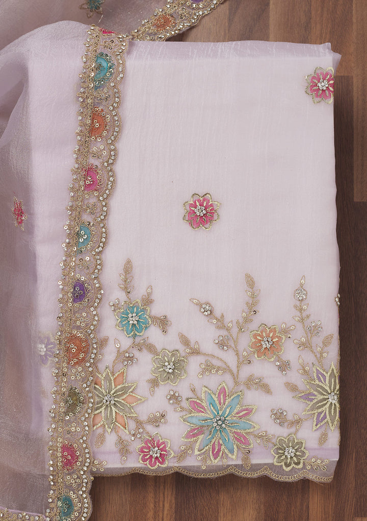Lavender Zariwork Semi Crepe Unstitched Salwar Suit