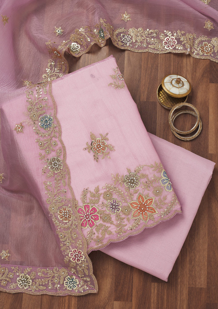Lavender Zariwork Semi Crepe Unstitched Salwar Suit