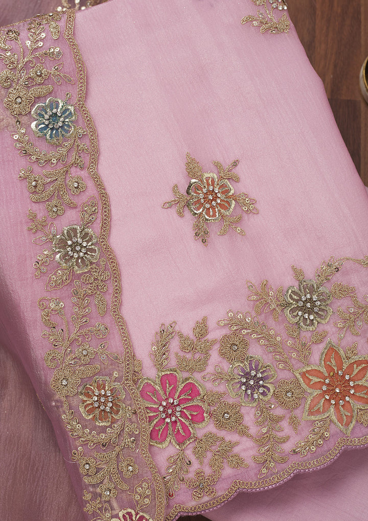 Lavender Zariwork Semi Crepe Unstitched Salwar Suit