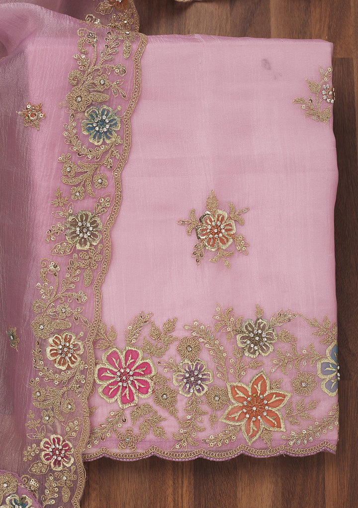 Lavender Zariwork Semi Crepe Unstitched Salwar Suit