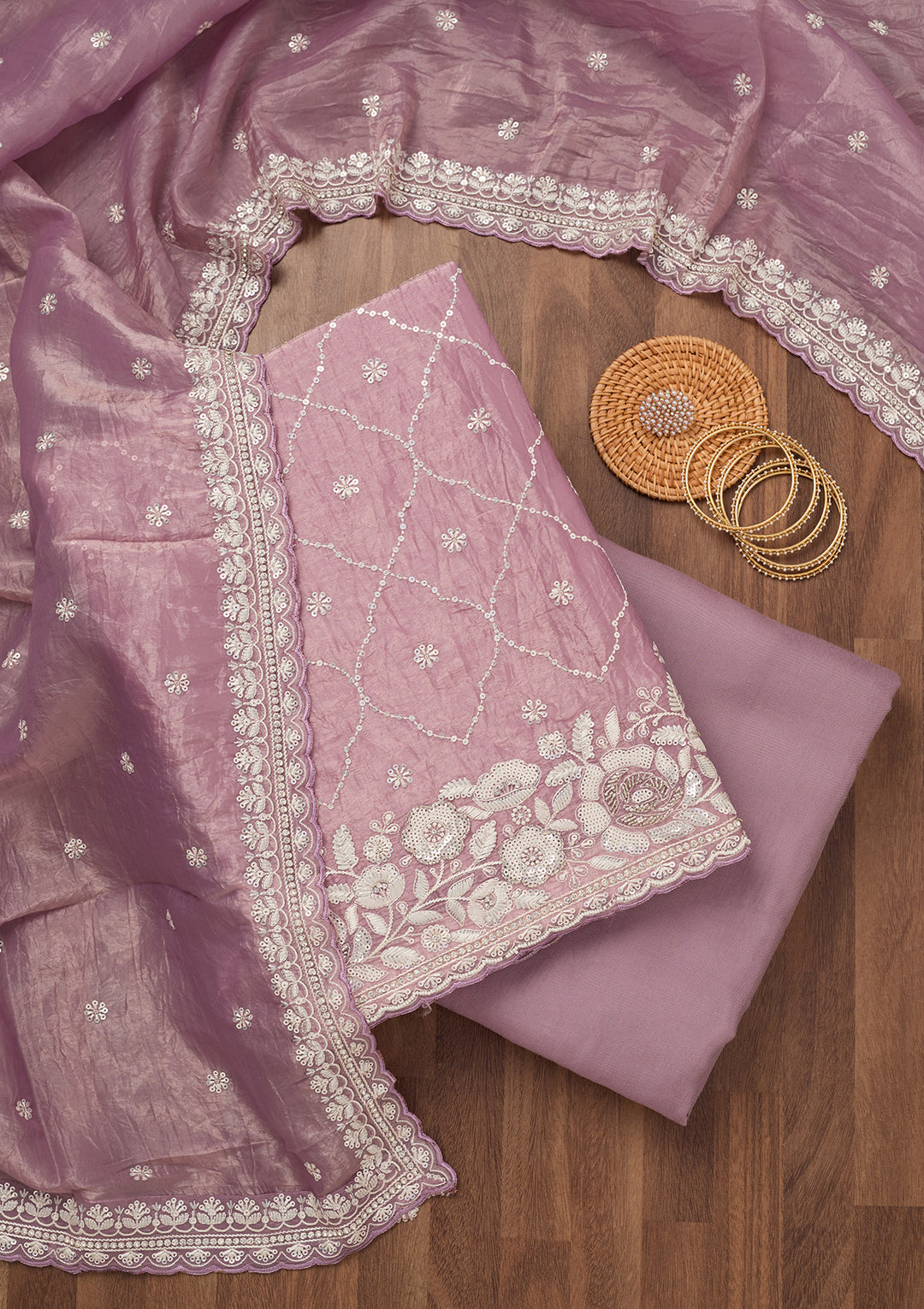 Lavender Zariwork Semi Crepe Unstitched Salwar Suit
