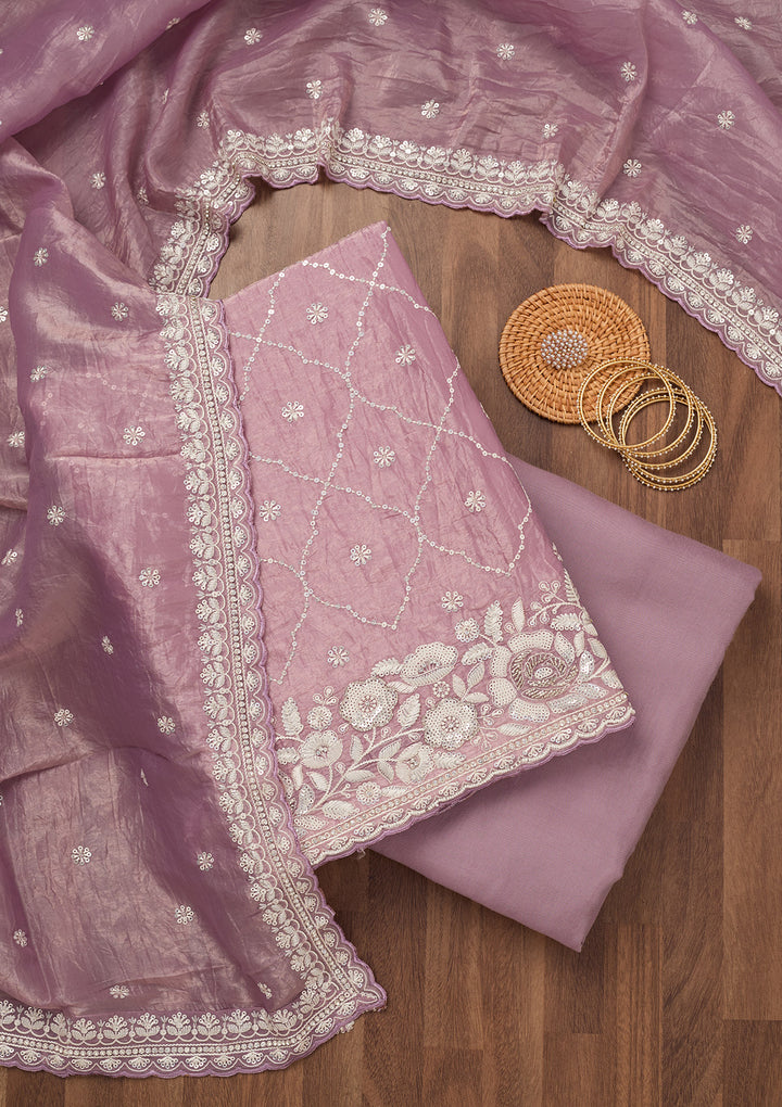 Lavender Zariwork Semi Crepe Unstitched Salwar Suit
