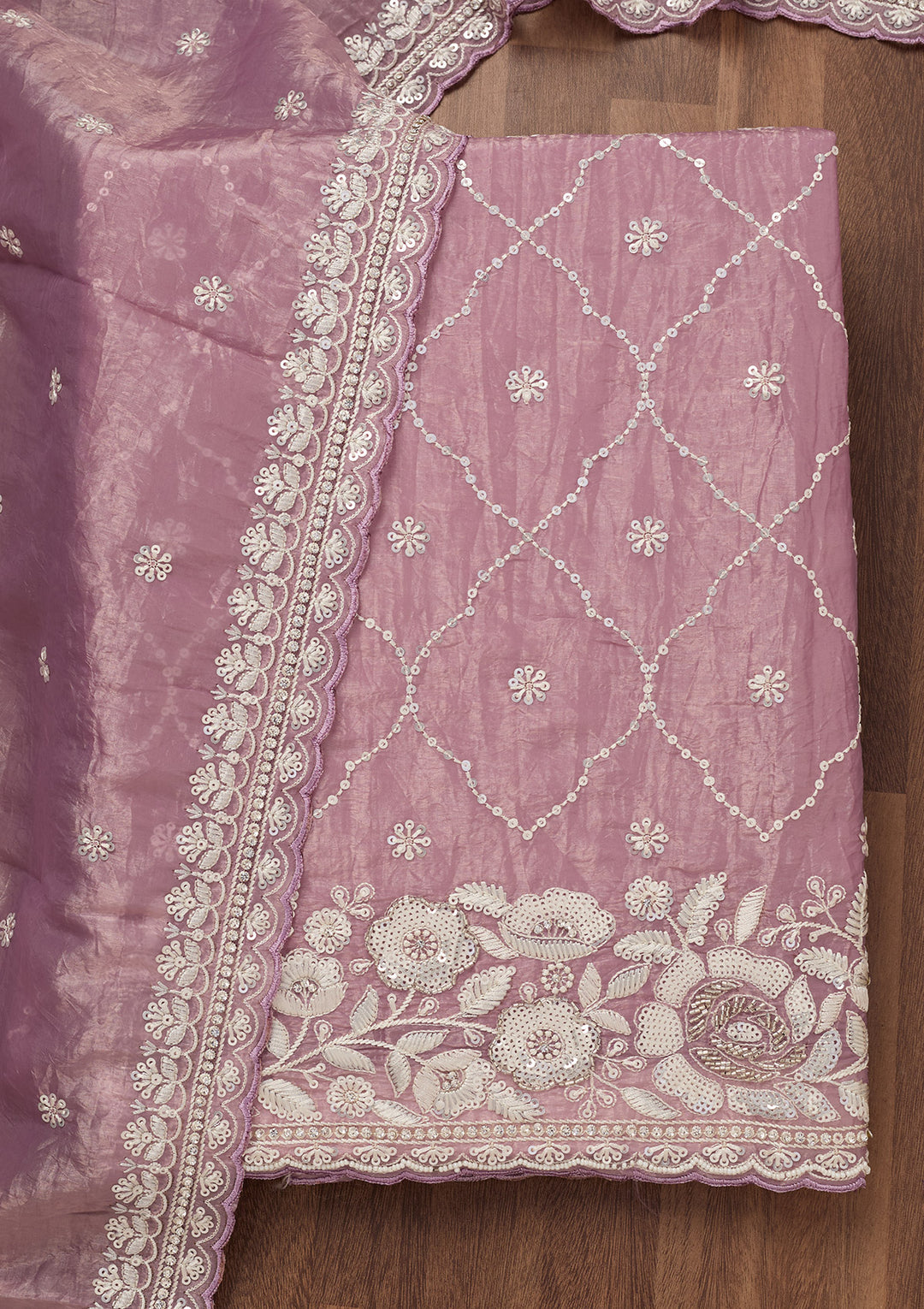 Lavender Zariwork Semi Crepe Unstitched Salwar Suit