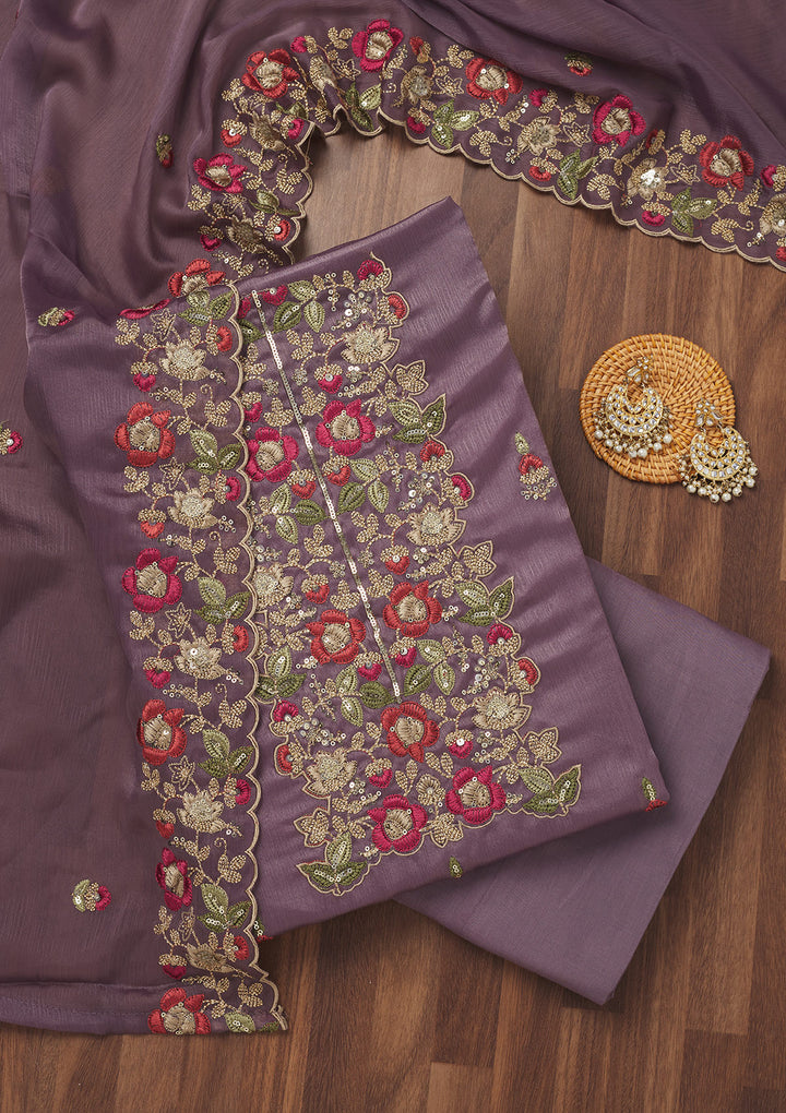 Lavender Zariwork Semi Crepe Unstitched Salwar Suit