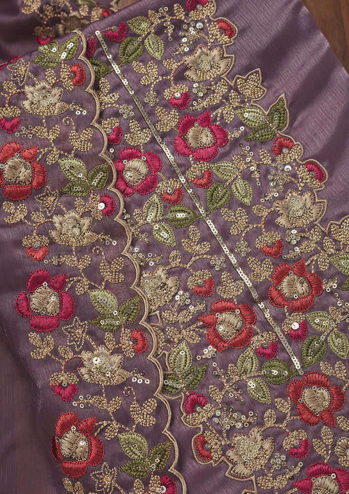 Lavender Zariwork Semi Crepe Unstitched Salwar Suit