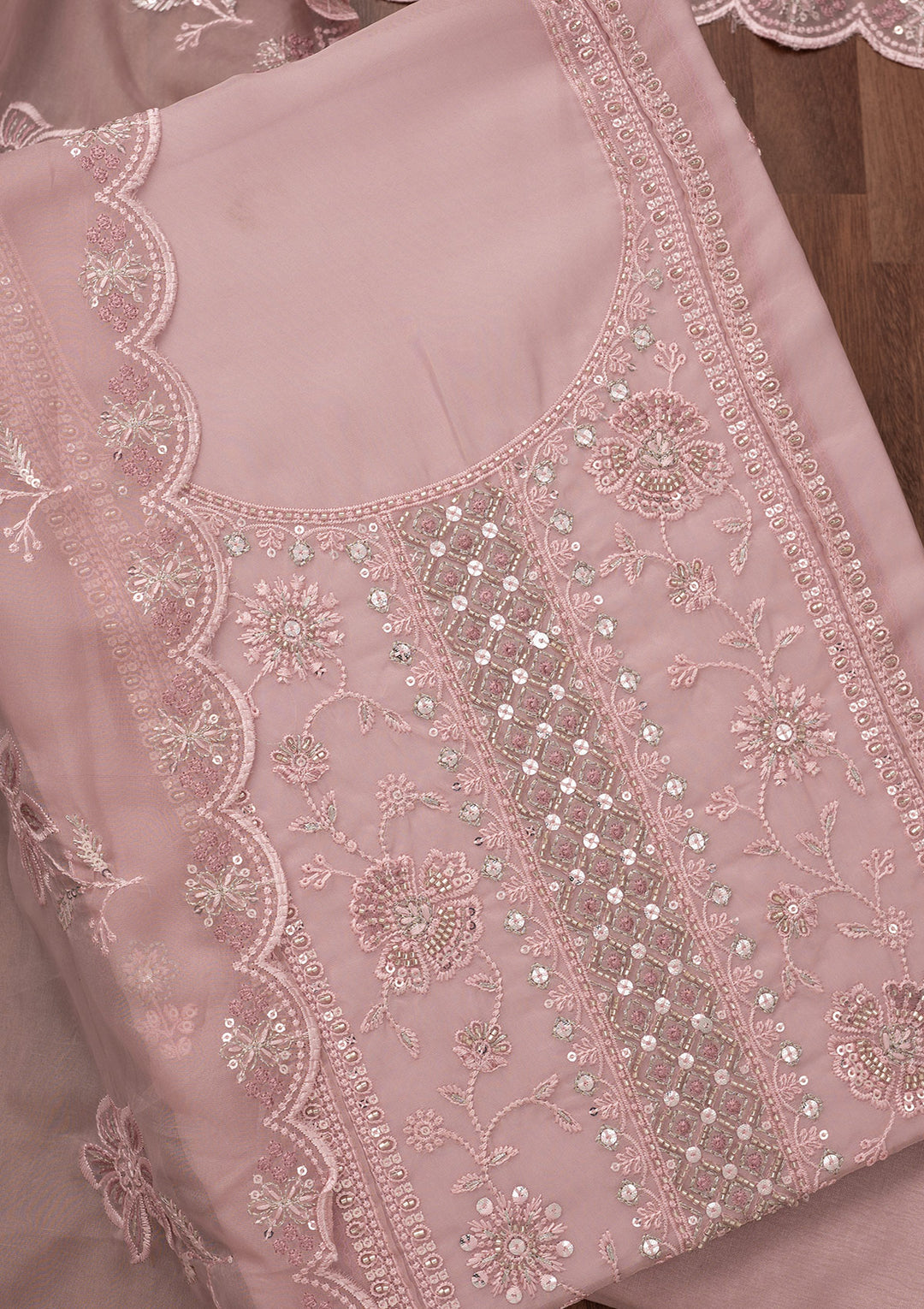 Lavender Zariwork Semi Crepe Unstitched Salwar Suit