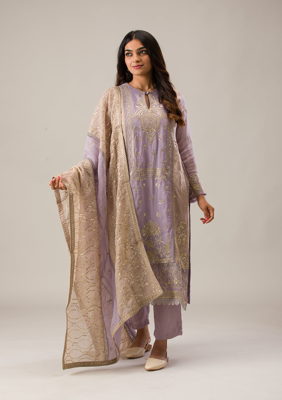 Lavender Zariwork Tissue Unstitched Salwar Suit