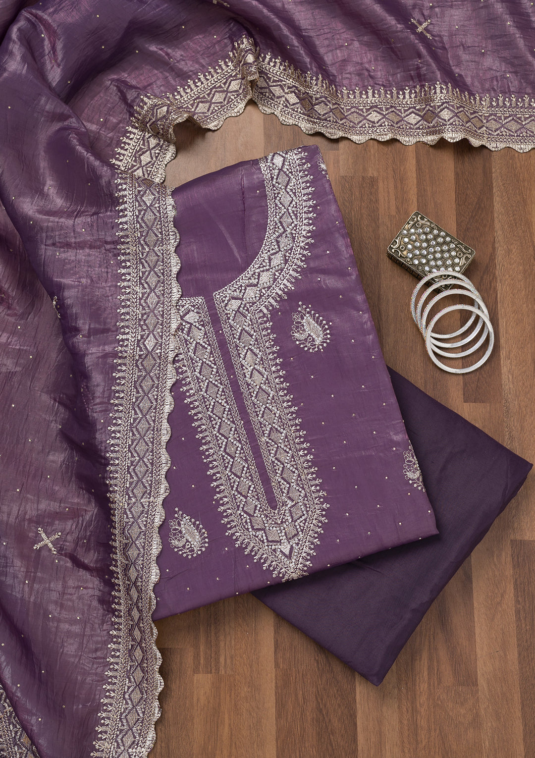 Lavender Zariwork Tissue Unstitched Salwar Suit