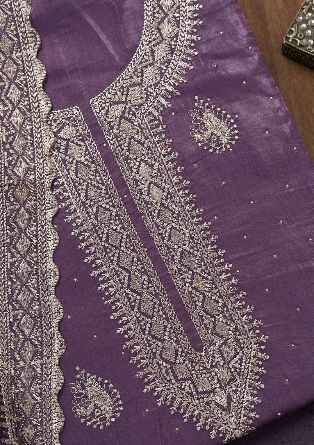 Lavender Zariwork Tissue Unstitched Salwar Suit
