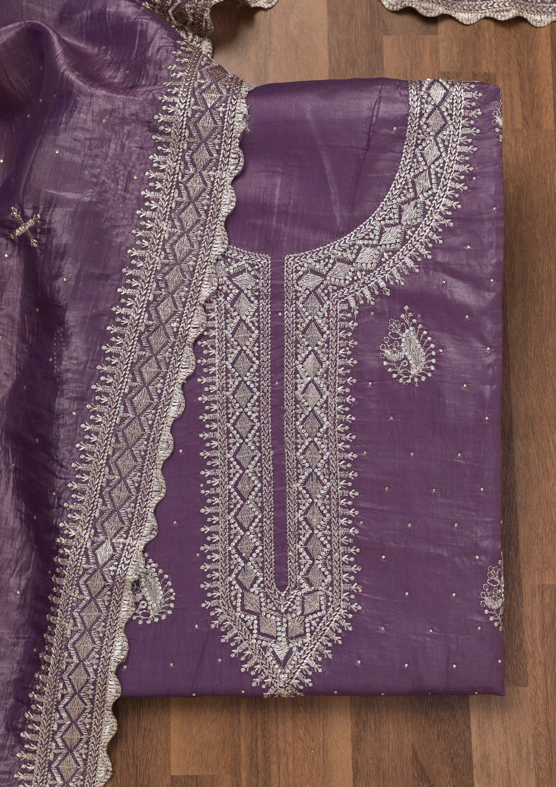 Lavender Zariwork Tissue Unstitched Salwar Suit