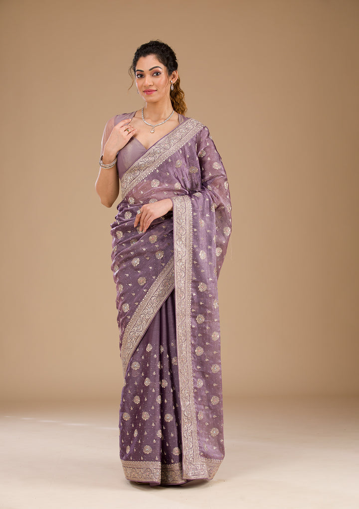 Lavender Zariwork Tissue Saree-Koskii