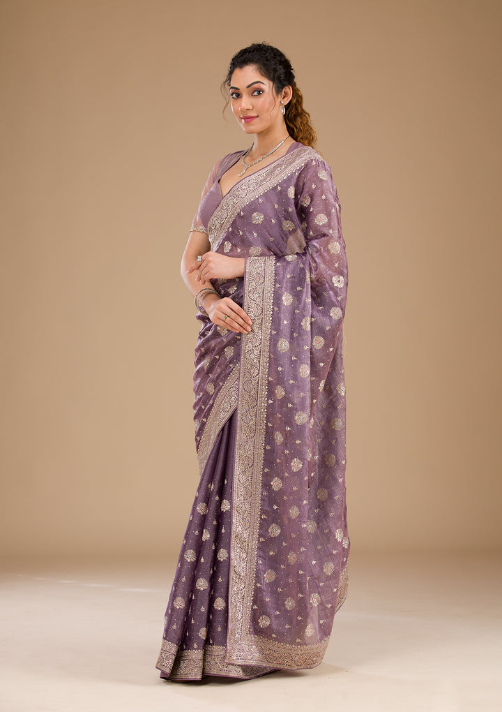 Lavender Zariwork Tissue Saree-Koskii