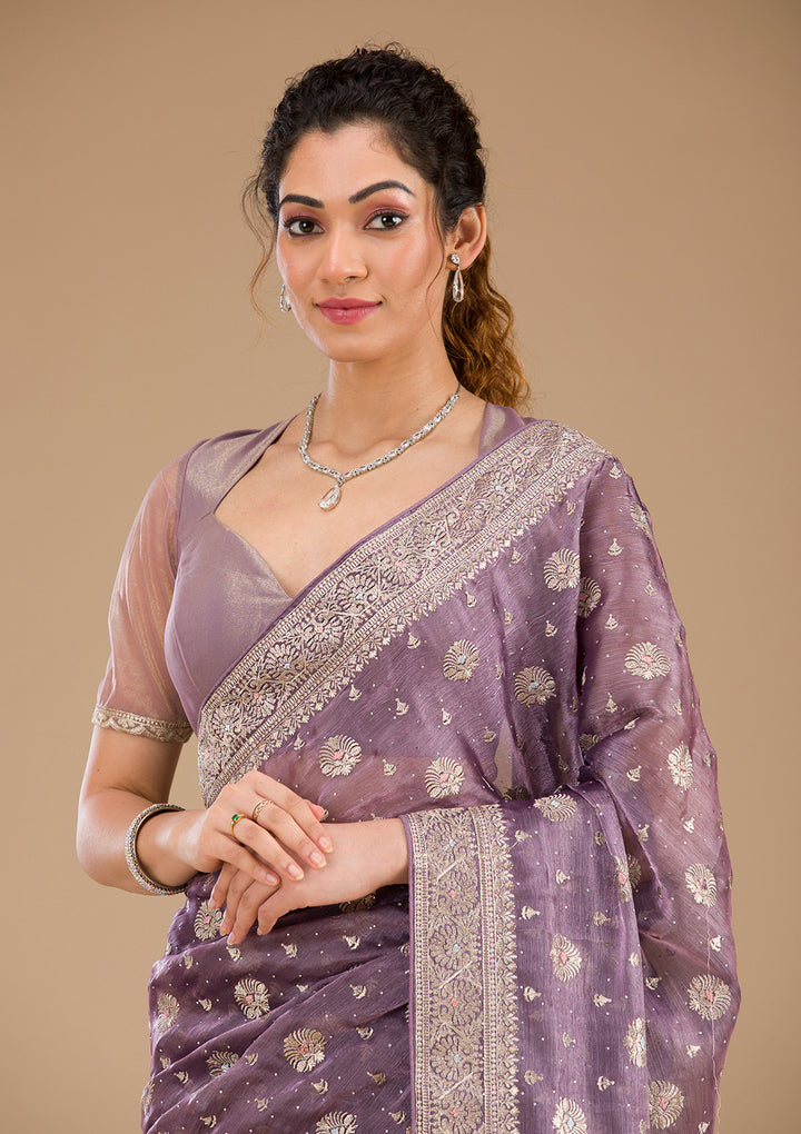 Lavender Zariwork Tissue Saree-Koskii