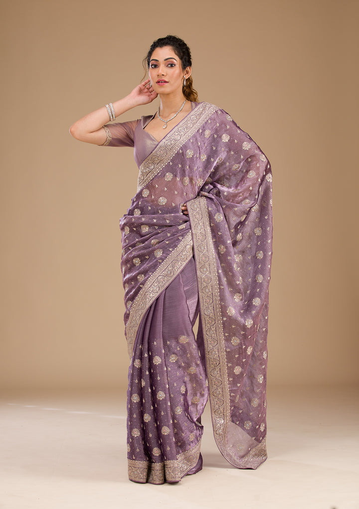 Lavender Zariwork Tissue Saree-Koskii
