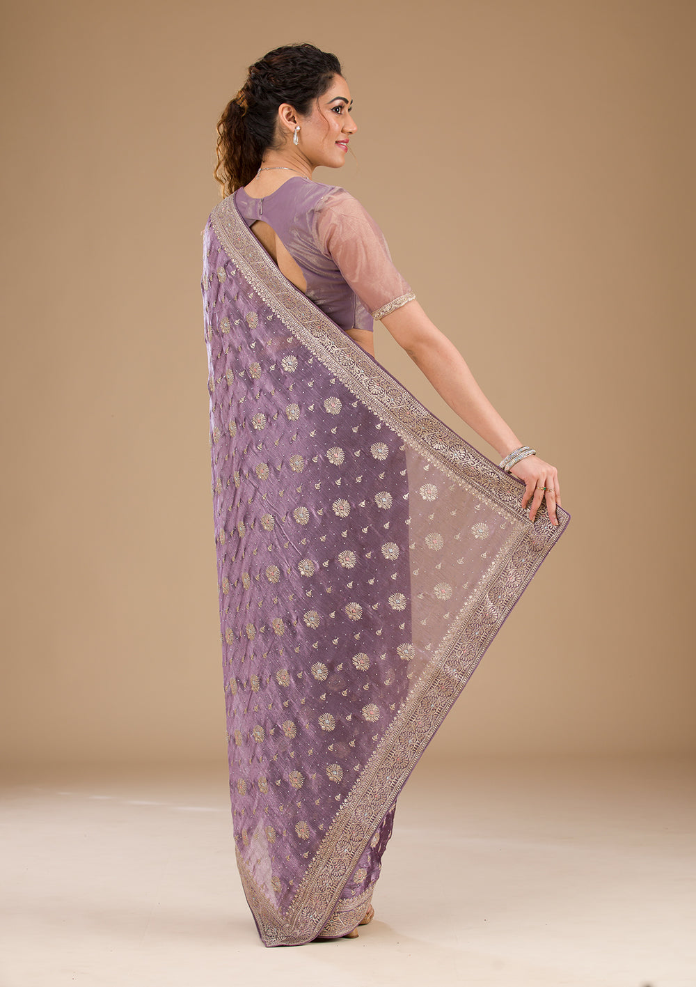 Lavender Zariwork Tissue Saree-Koskii