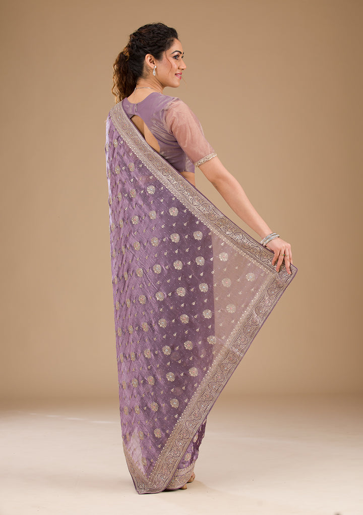 Lavender Zariwork Tissue Saree-Koskii