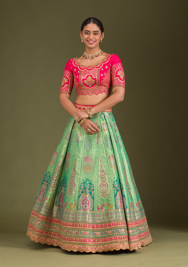 Leaf Green Zariwork Banarasi Readymade Lehenga